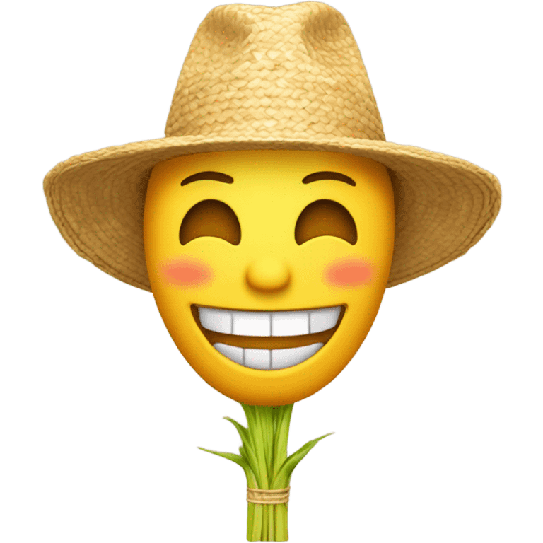 Yellow round face emoji farmer with wheat sticking through teeth emoji