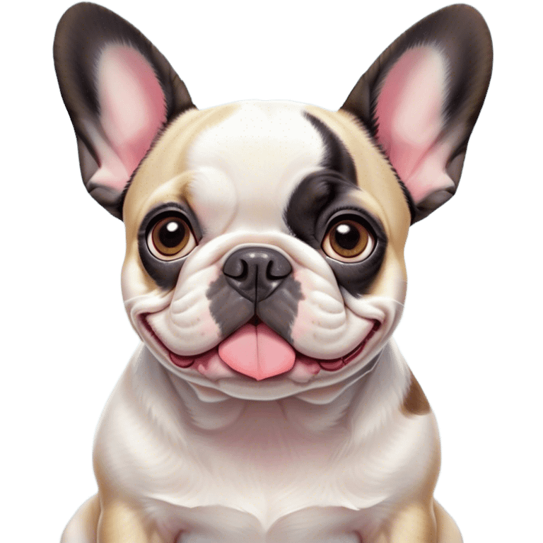 Cinematic Cute Pied French Bulldog Portrait Emoji, Head tilted with a sweet, mischievous grin and large, inviting eyes, featuring a unique pied fur of contrasting colors, simplified yet irresistibly endearing, highly detailed, glowing with a warm, playful radiance, high shine, exuding a quirky charm and affectionate personality, styled with a soft, lighthearted outline, capturing the essence of a cute Pied French Bulldog that looks ready to charm its way into your heart! emoji