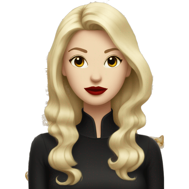 Long ash blond woman red lip wih black cat emoji