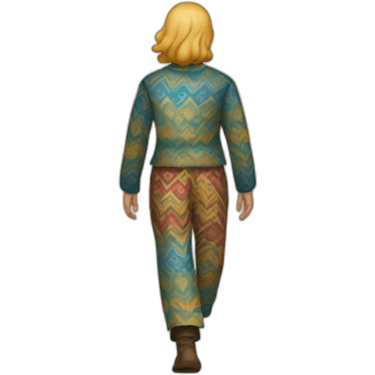 person wearing colorful pattern wide pants, walking, medieval emoji