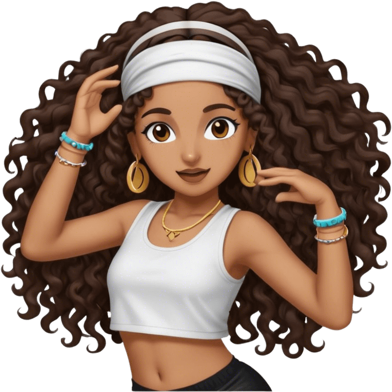 Dancing brown girl with long darn brown curly hair with headband hip hop emoji