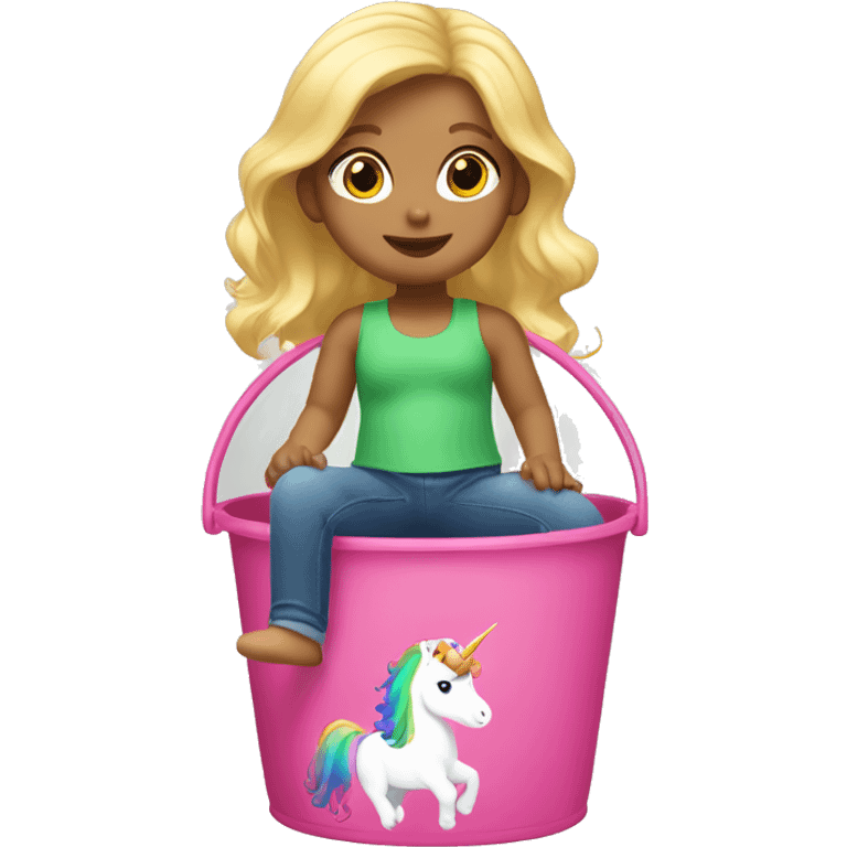 Caucasian female two year-old with blonde hair,  riding a pink unicorn with rainbow colored hair inside of a green bucket emoji