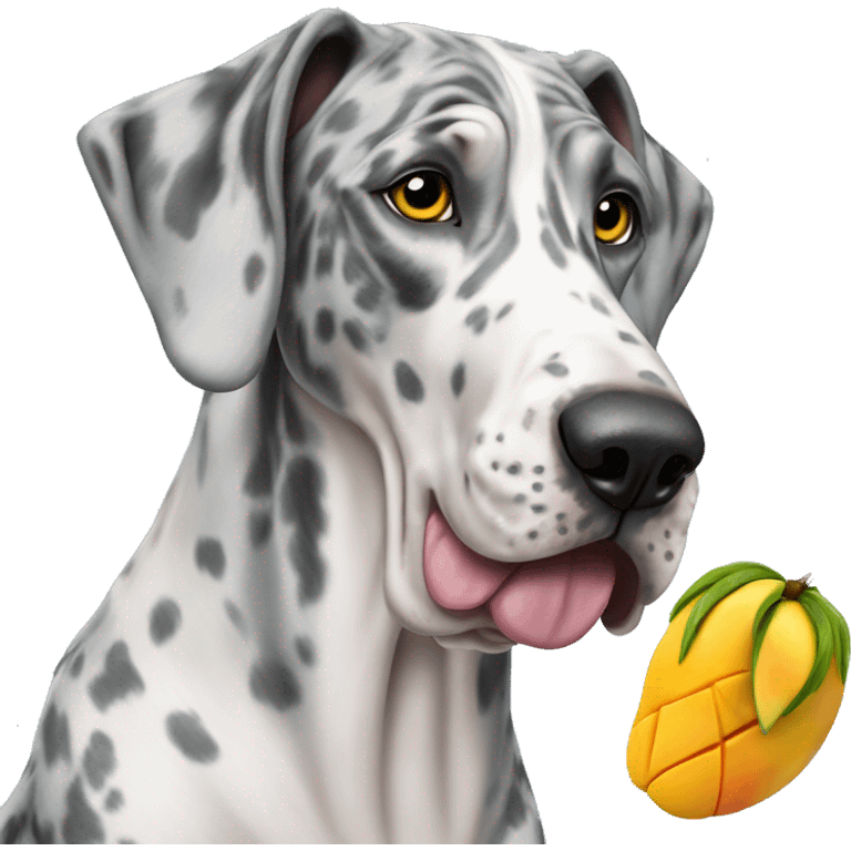 Blue Merle Great Dane eating mango emoji