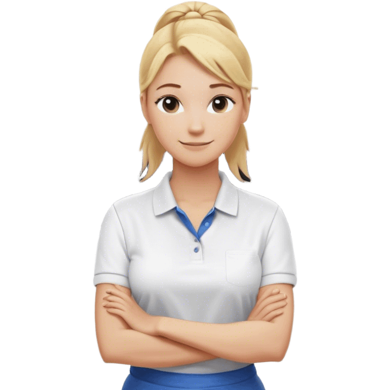 A friendly and professional laundry worker with blonde hair tied back in a casual ponytail. She wears a clean white polo shirt and stands confidently with her arms crossed in front of an industrial washing machine. Her warm smile conveys a welcoming and approachable demeanor. emoji