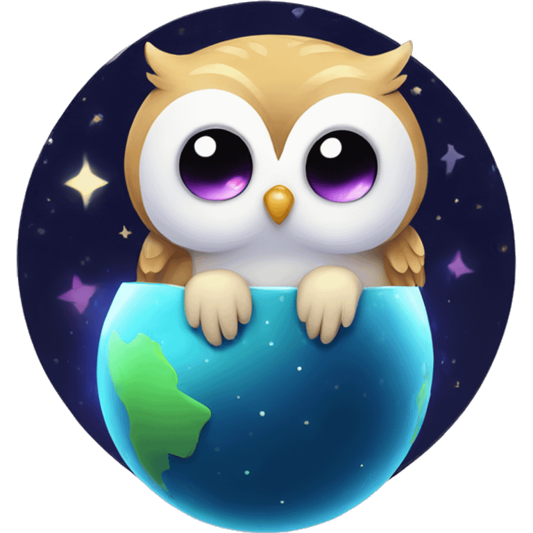 Kawaii colorful baby owl in a moonlit globe emoji