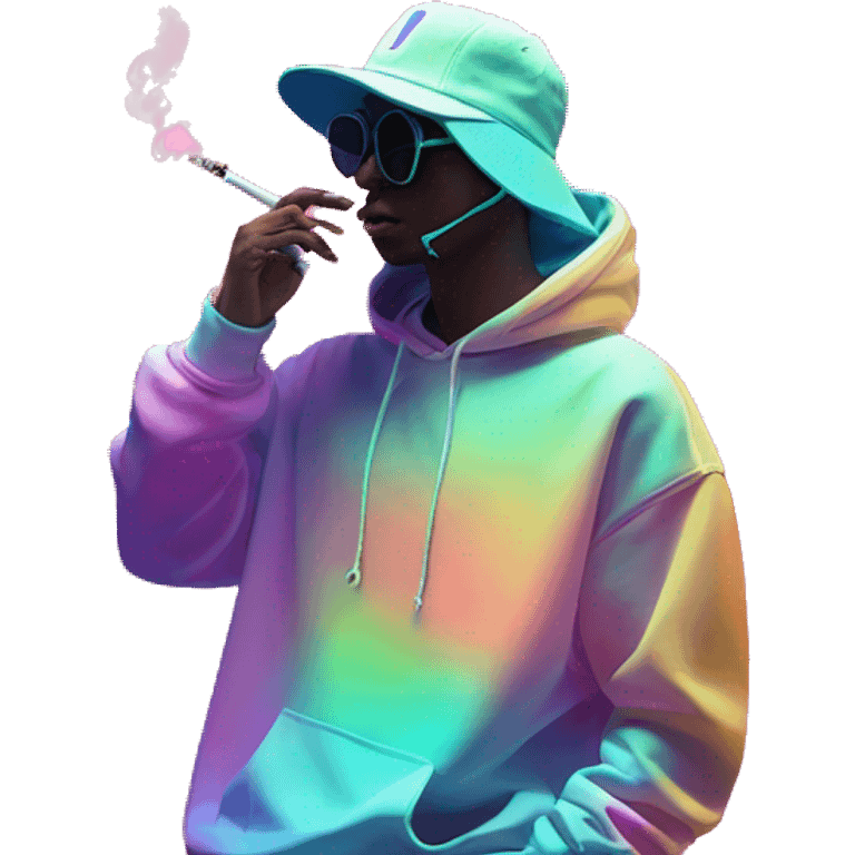 Multicoloured neon Vaporwave person smoking wearing hoodie dancing hip hop bucket hat tropical Skater fashion aesthetic baggy clothes graphic t shirt 420 emoji