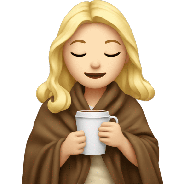 Blonde girl inside blanket holding coffee with eyes closed emoji