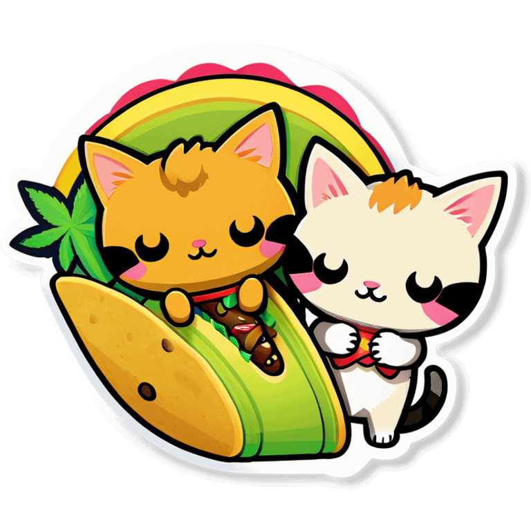 Kawaii Cannabis leaf and kittens eating tacos kawaii style  emoji