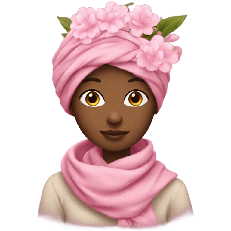 girl with a scarf on her head and a bouquet of pink flowers emoji