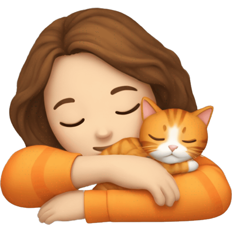 Girl with Brown hair sleeps with orange cat emoji