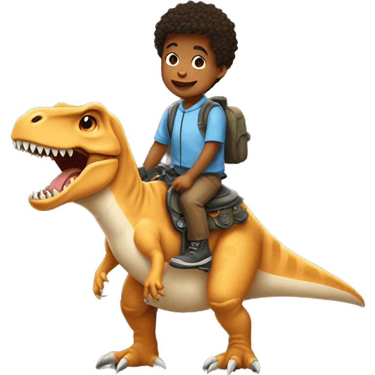 Boy in puppy costume riding a T-Rex emoji