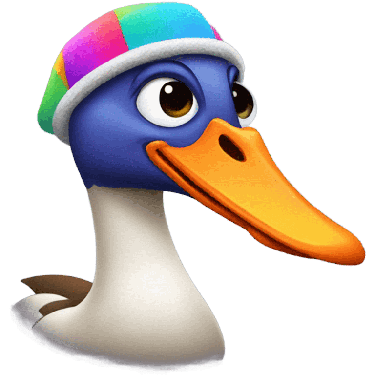 A silly goose wearing a spinny hat emoji