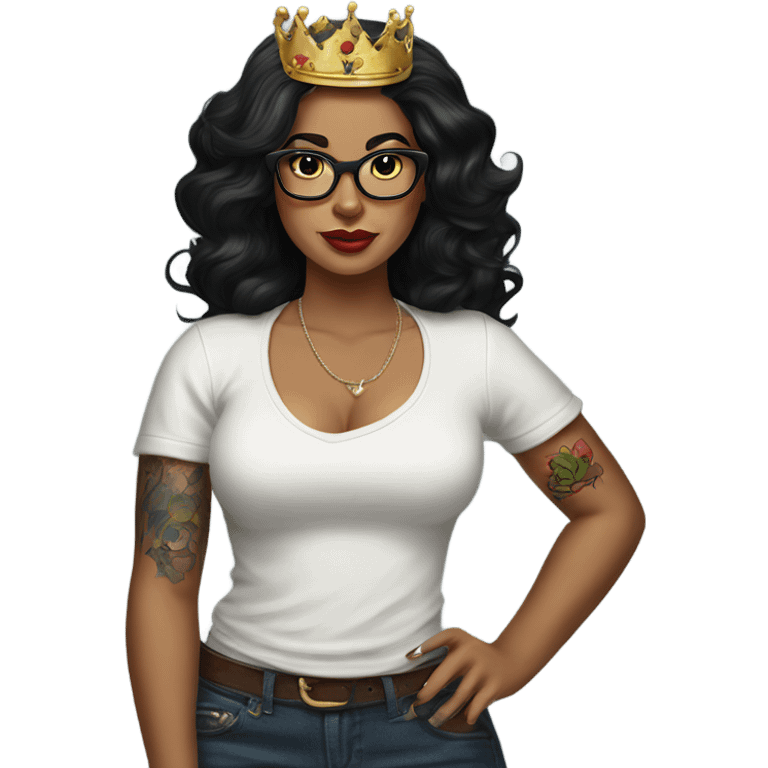 Pinupx long length dark hair wears a crown and tattoos and glasses emoji