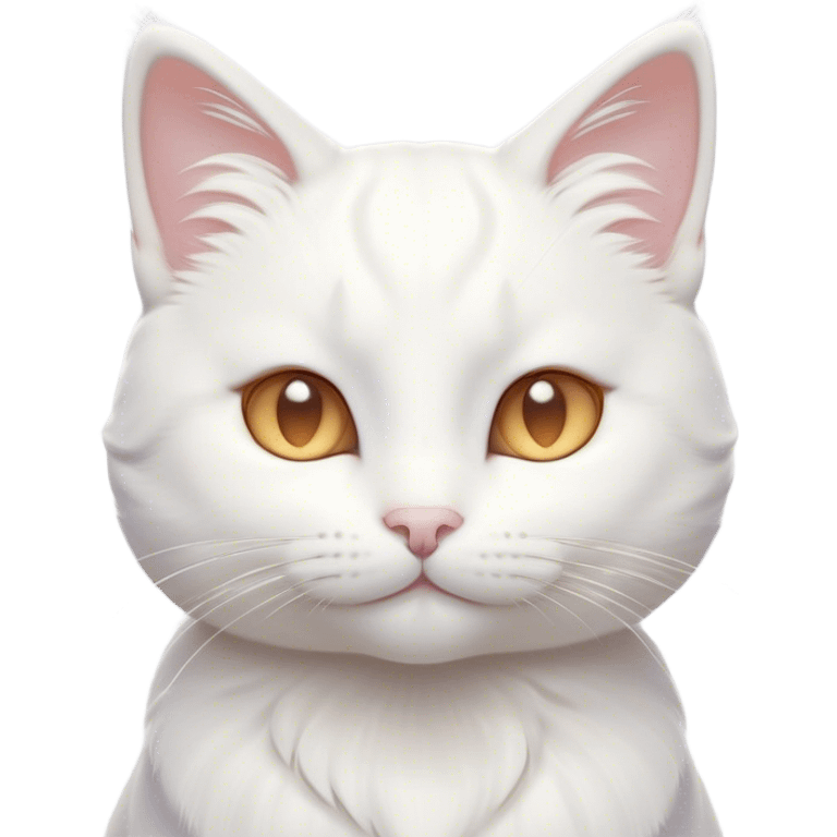 Cinematic Cute White Cat Portrait Emoji, Head tilted with a soft, gentle smile and sparkling eyes, featuring a silky, pristine white fur with subtle silver highlights, simplified yet irresistibly adorable, highly detailed, glowing with a warm, snowy glow, high shine, radiating affectionate charm and tender grace, styled with a light, playful outline, capturing the essence of a cute white cat that looks as if it could melt your heart with a single blink! emoji