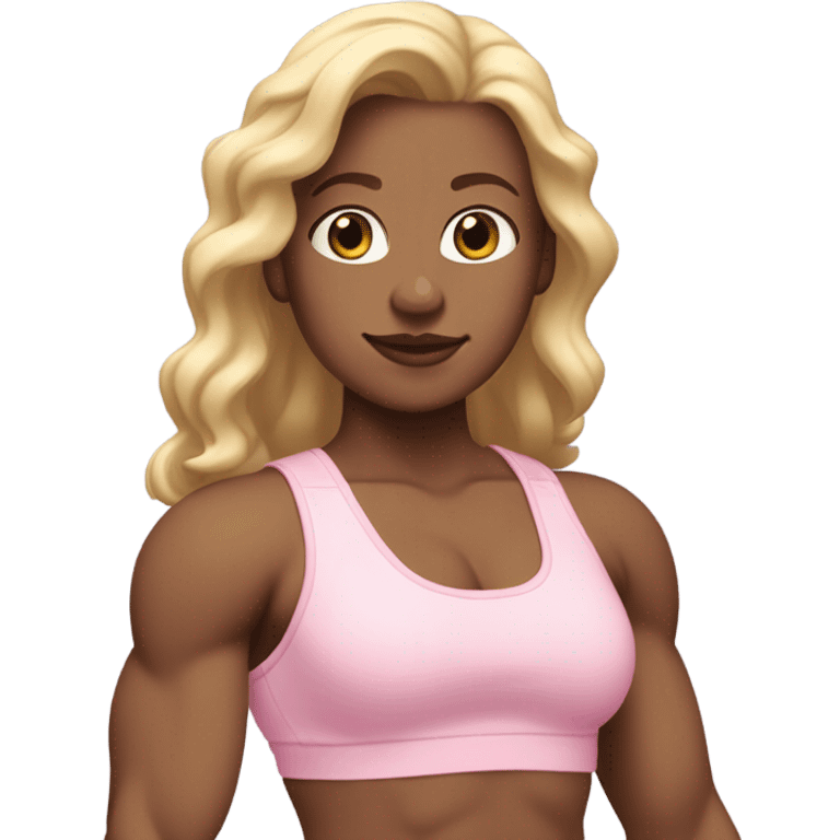 White woman, light skin, long hair, blonde hair, wavy hair, baby pink sports bra, baby pink leggings, flexing one arm emoji