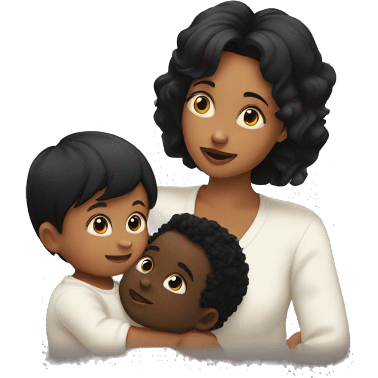 Baby boy and mother with black hair and black boy with black hair kissing  emoji