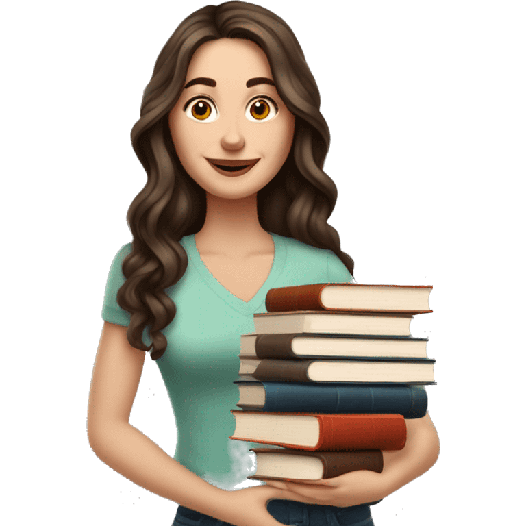 white woman brunette long wavy hair highlights woman while holding large stack of books emoji