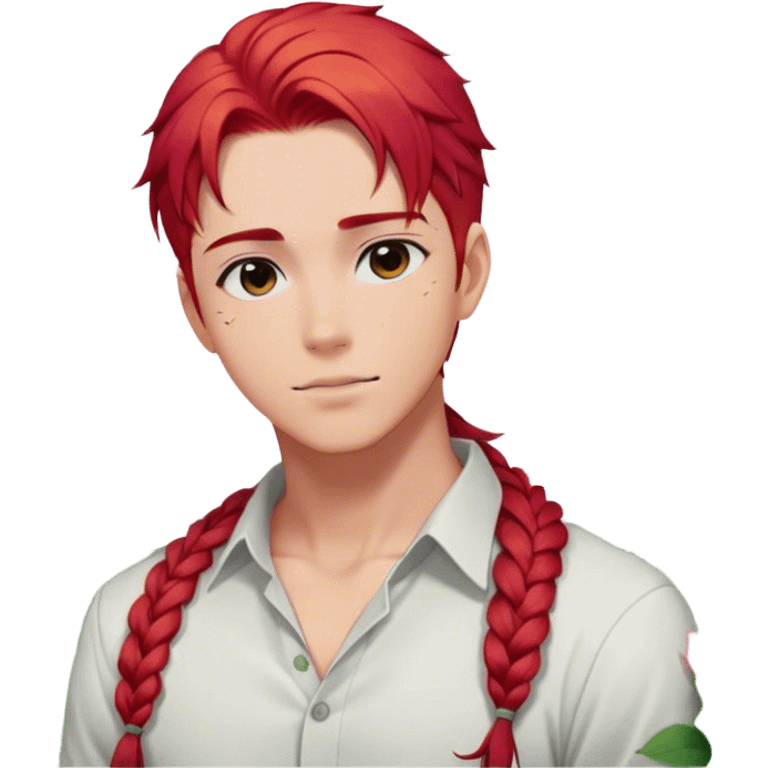 red hair with a thin side braid anime style handsome sexy gojo guy with blushing face and flowers aesthetic trending style outside emoji