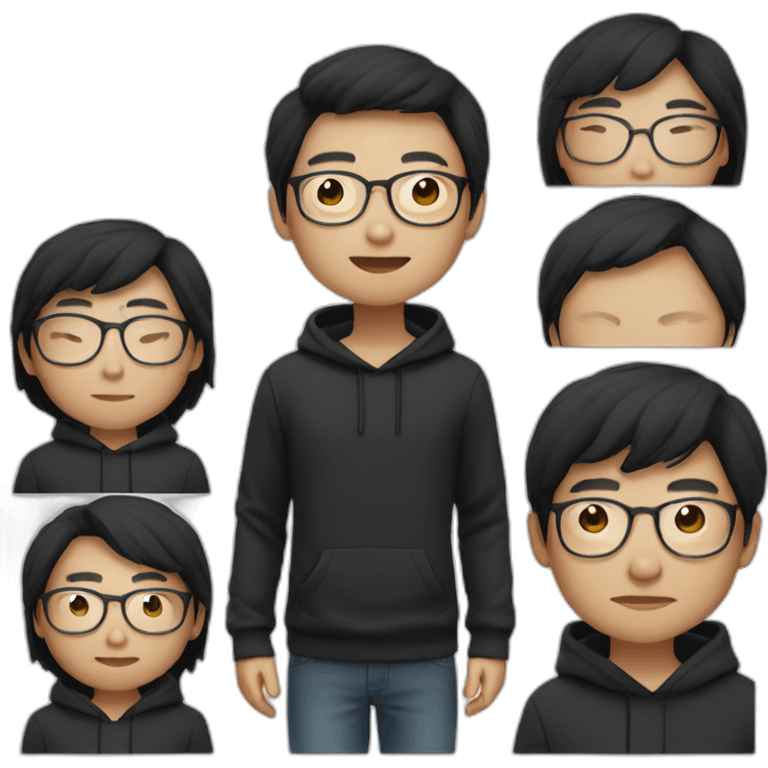 A mature Chinese boy with black hair and circle-shaped eyeglasses wearing black hoodie emoji