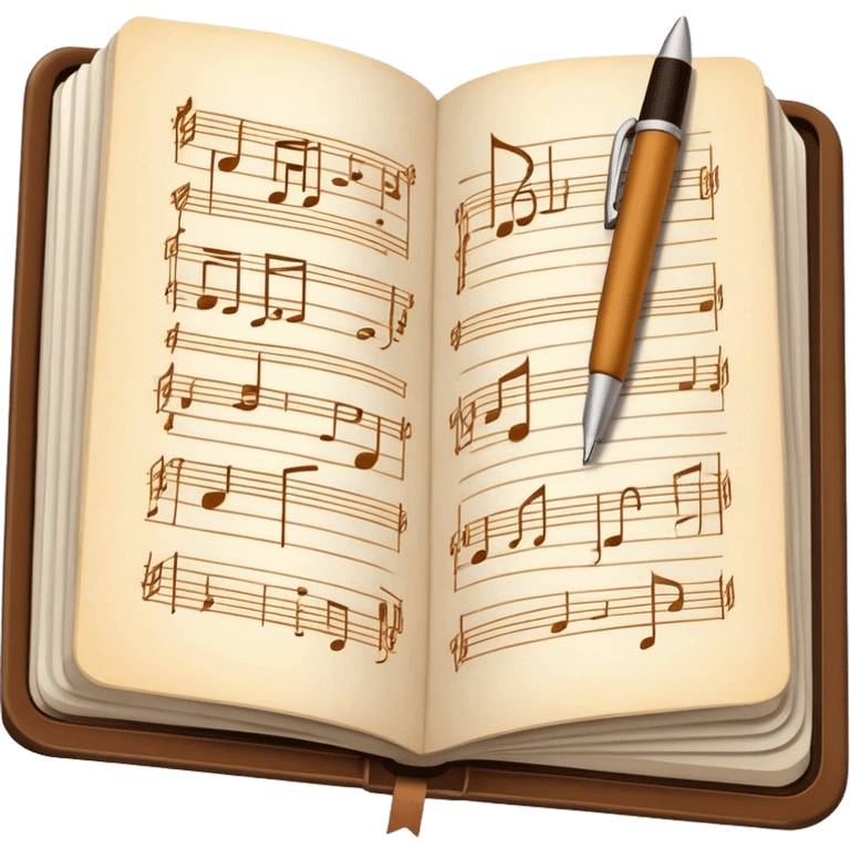 Create an emoji representing songwriting. The design should feature an open notebook or sheet music with visible lyrics and musical notes, symbolizing the process of writing song lyrics. A single pen or pencil should be placed near the notebook, indicating active writing. Use a harmonious color palette with warm and neutral tones. Do not include any emojis or smiley faces. Make the background transparent. emoji