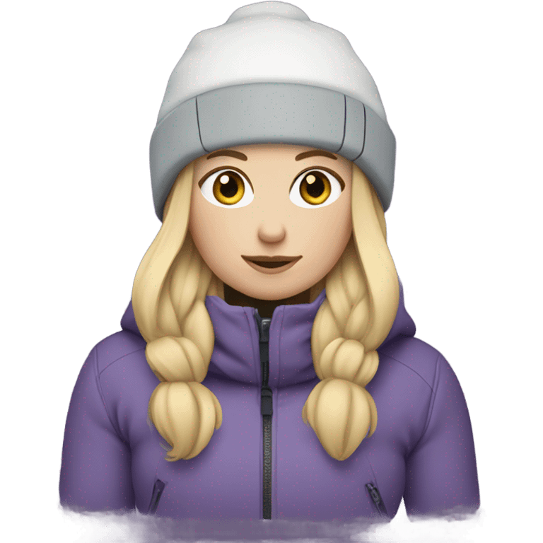 Chubby female long blonde hair skier with purpley-grey jacket and black pants emoji