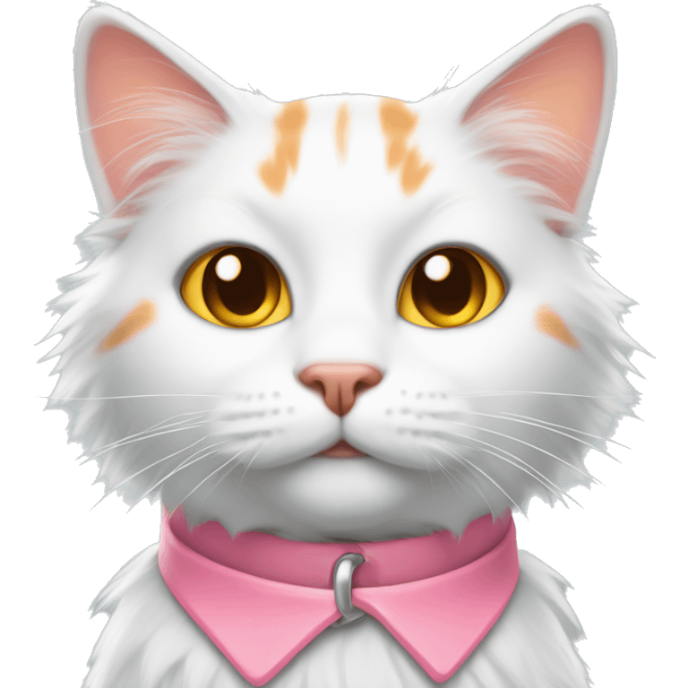 fluffy white and orange cat wearing a pink collar emoji