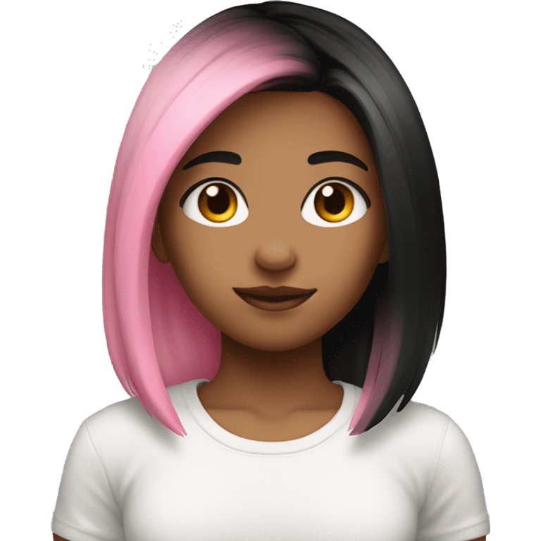 A 17-year-old girl with pink and black gradient hair and a black t-shirt emoji