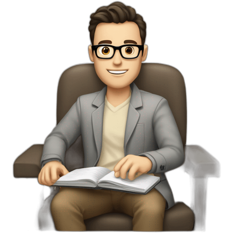 Pale skinned Fit Man With dark brown hair in gray jacket, beige office shirt and vintage glasses sitting In a soft chair with a notebook with emblem Ψ and a pen in his hands emoji