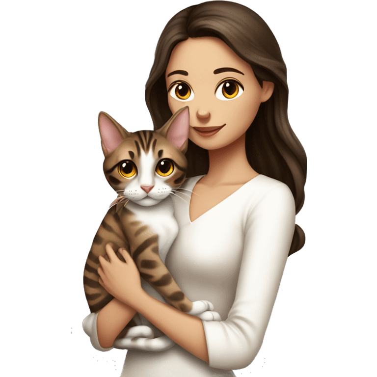 Beautiful skinny woman long dark brown hair in white dress hug bengal cat emoji