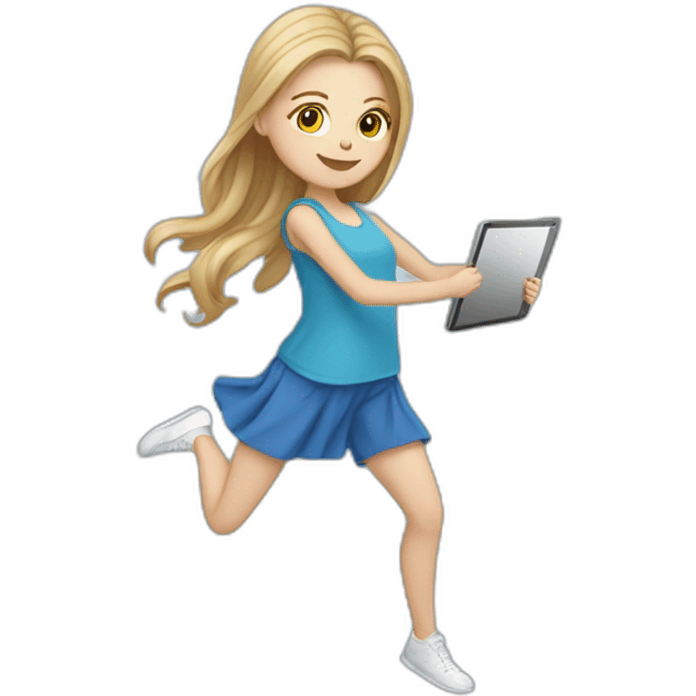 white girl holding tablet all body blue clothes and dancing emoji