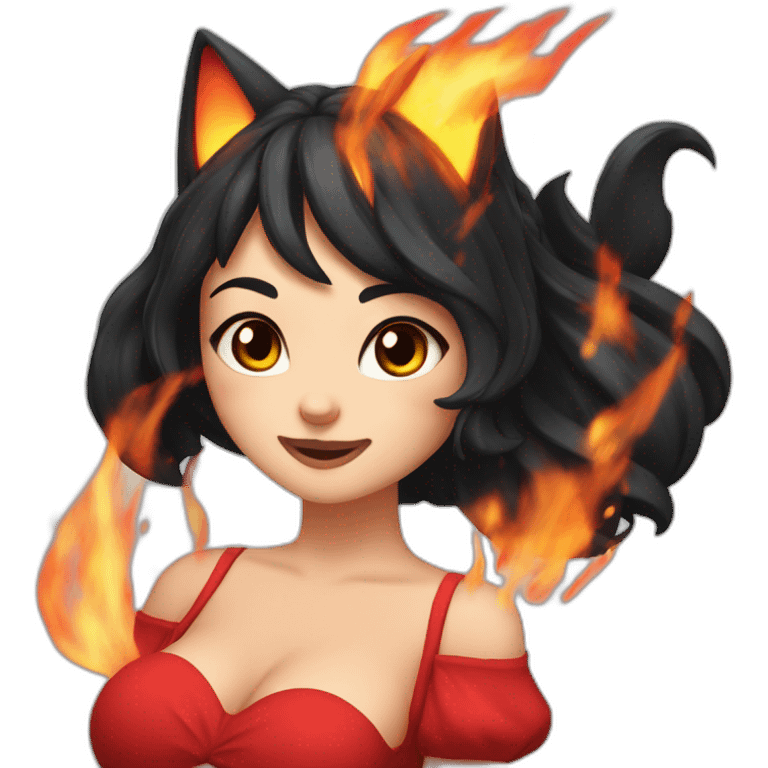 Catgirl with black hair wearing a red dress dousing fire with water emoji