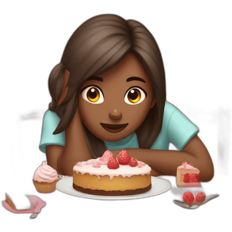 tired girl eating cake on the table emoji