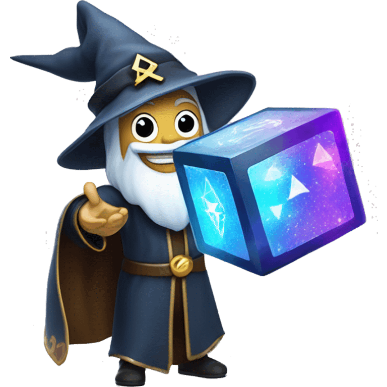 A playful wizard holding a glowing blockchain cube, with sparkles and a mischievous grin, symbolizing the magic of crypto emoji