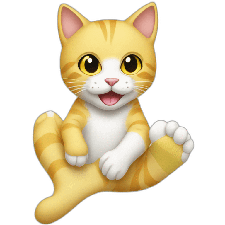 yellow and white cat biting a foot with a white sock emoji