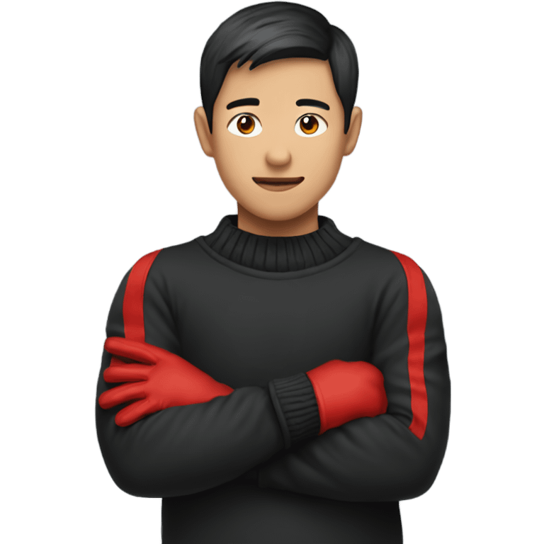 Asian boy wearing red gloves on hands and black sweater emoji