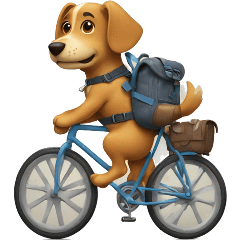 A dog is riding a bicycle and wearing a backpack. emoji