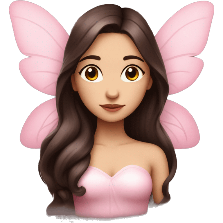 Beautiful, rose, fairy, pink, long dark brown hair, big wings, fair skin emoji