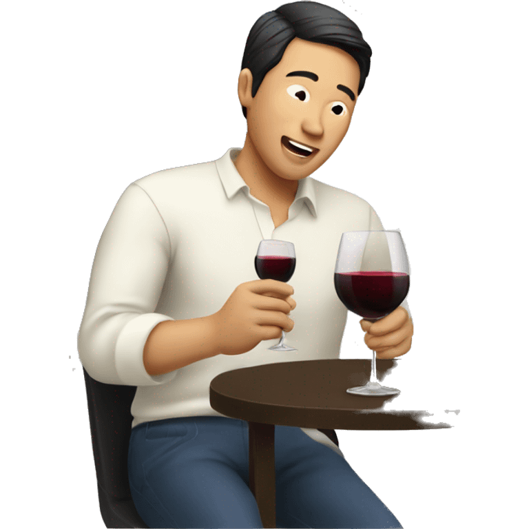 Asian man drinking large glass of wine emoji