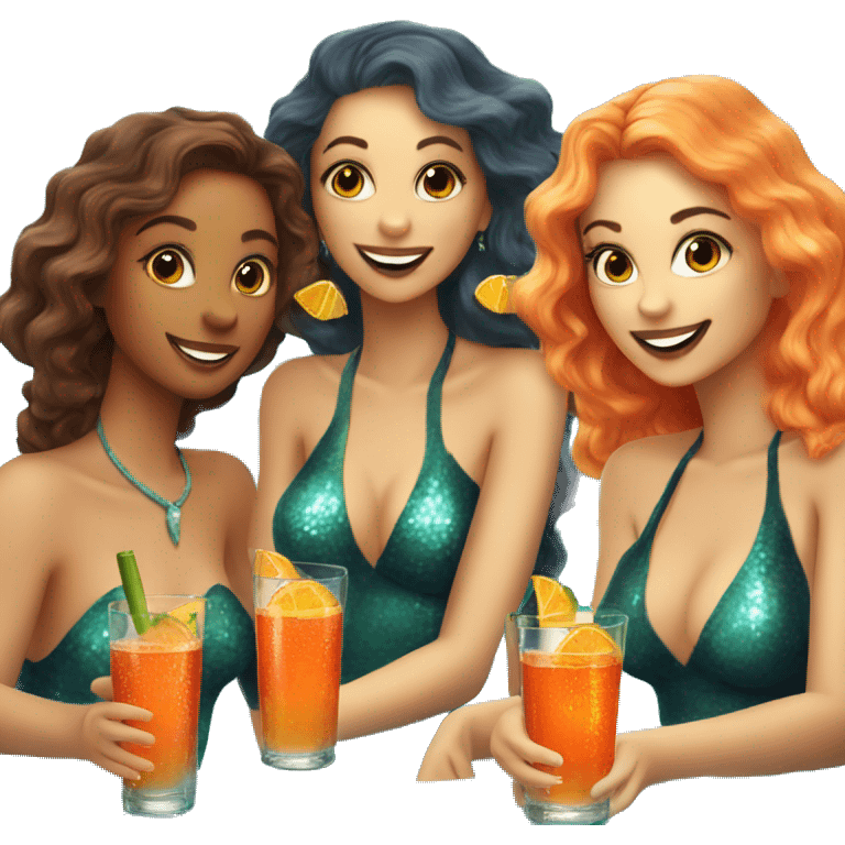 Three beautiful bright skin mermaids drinking aperol emoji