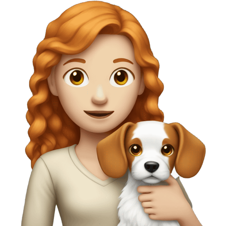 Ginger girl holding small white dog emoji