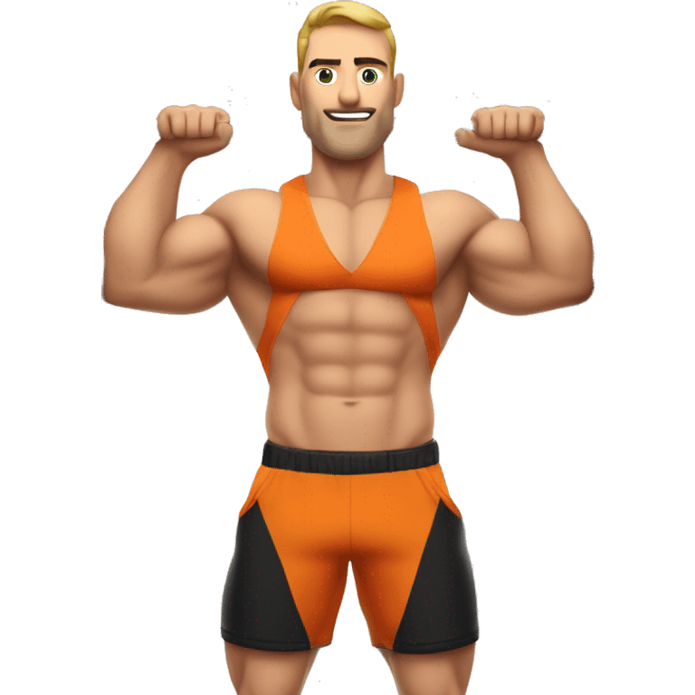 Muscular , bold , Caucasian man in orange t-shirt , black shorts and orange sneakers hanging with only right hand on pull-up bar. Pull up bar is clearly visible emoji