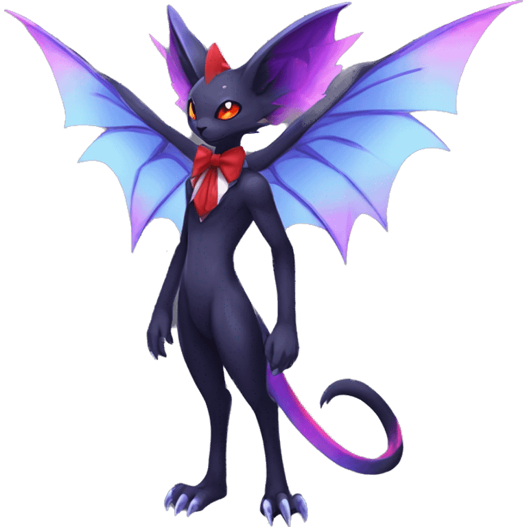 cool kawaii cute black purple red ethereal fantasy beautiful elegant nargacuga-Noivern-cat-Fakemon collar harness bow tie and bracers full body emoji