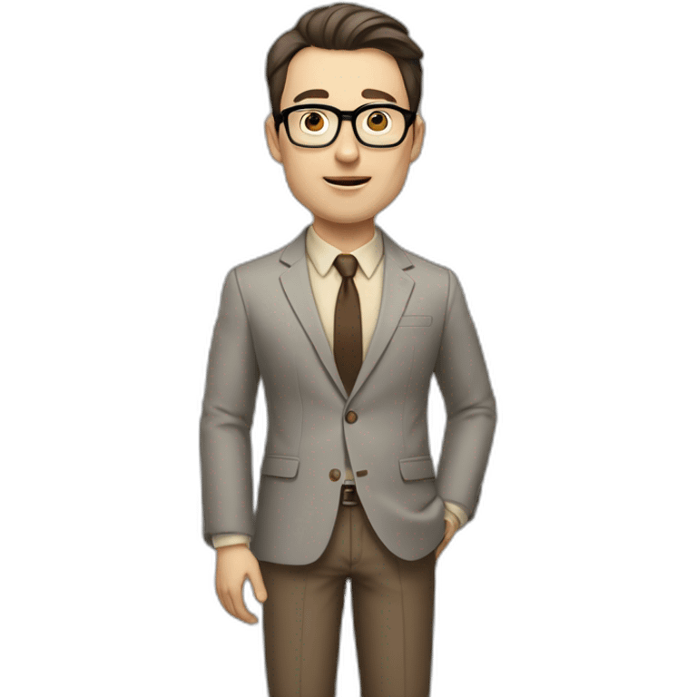 Full height Actively Gesturing Pale skinned fit man with dark brown hair in gray jacket, beige office shirt, brown tie, brown pants and vintage glasses. emoji