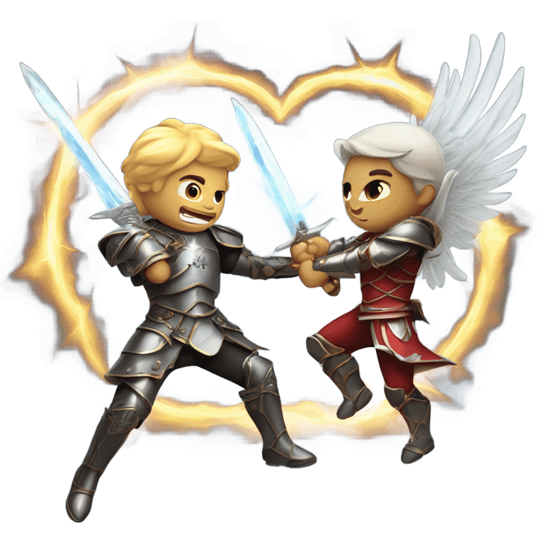 angel vs demon in a lively fight mid flight with swords and armor and lightning emoji