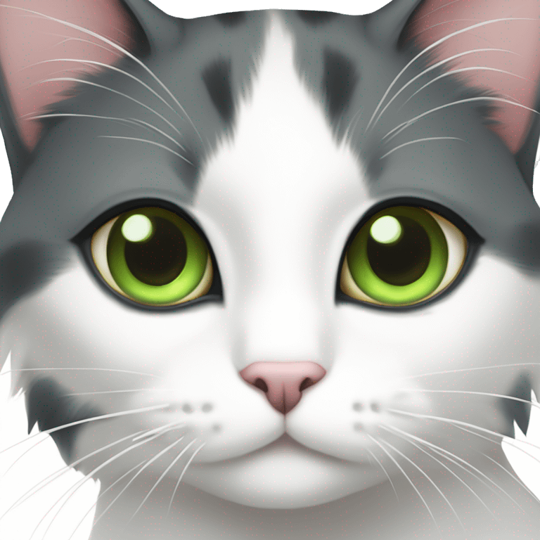 gray and white tuxedo cat with green eyes cuddling with long hair calico with green eyes emoji