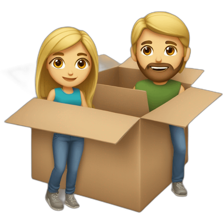 Brown hair girl and blond bearded in moving box emoji