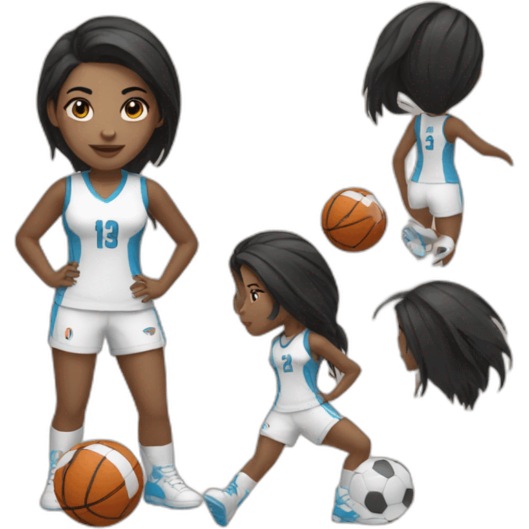 White skin female with black hair playing football with basket ball emoji