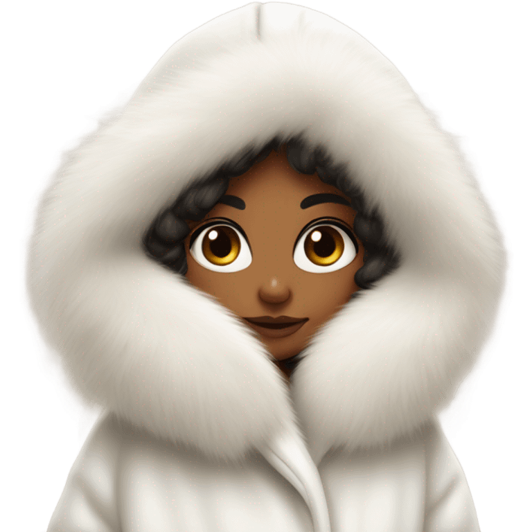 Tanned Girl with lashes ,  in an extremely big fluffy oversized white fur coat with hood on. The fur is real and it’s very obvious big and fluffy like in Pinterest  emoji