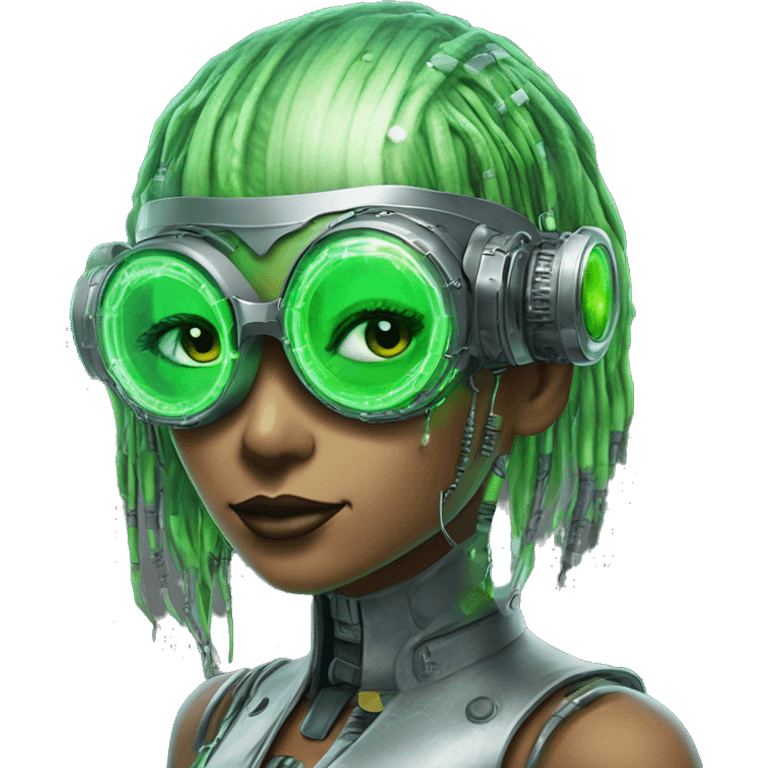 Neon green bobbed hair Latina female cyborg head with silver steampunk goggles and circuits emoji