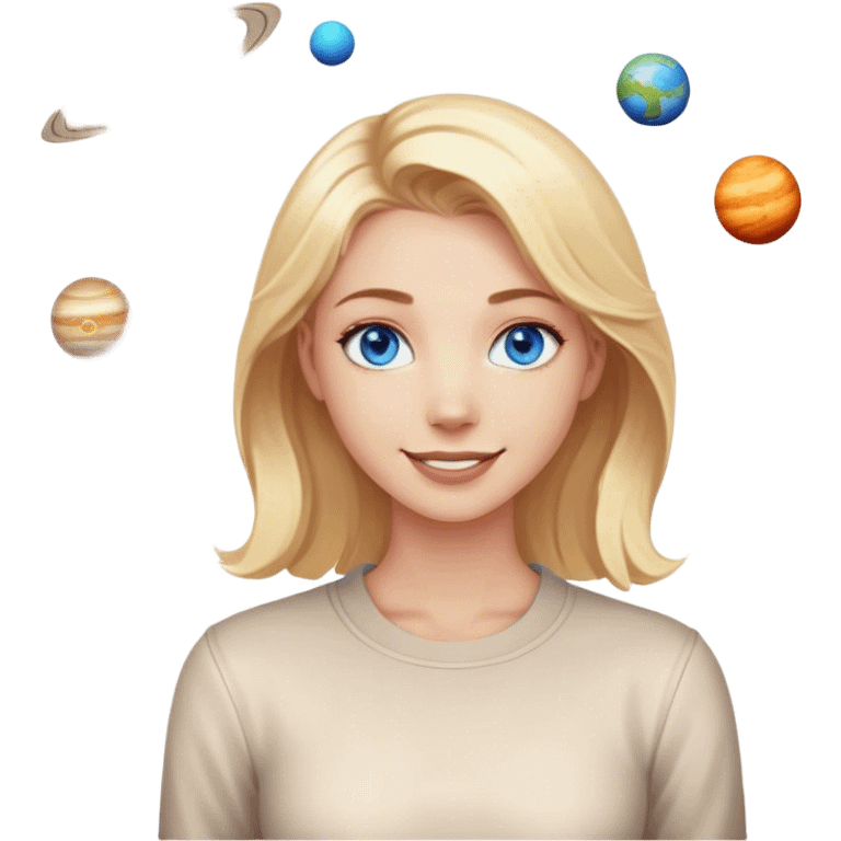 A blonde with blue eyes and a friendly smile stands while the planets spin emoji